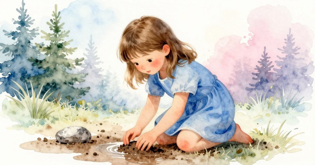 低角度呈現哈蒂蹲下用手舀濕潤泥土，努力打造小土堆，背景中水坑和自然光線呼應動作