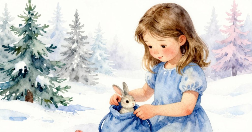 哈蒂專心打開一個海藍色袋子，露出裡面一隻小玩具兔子，手部細節清晰，呈現探索細膩感