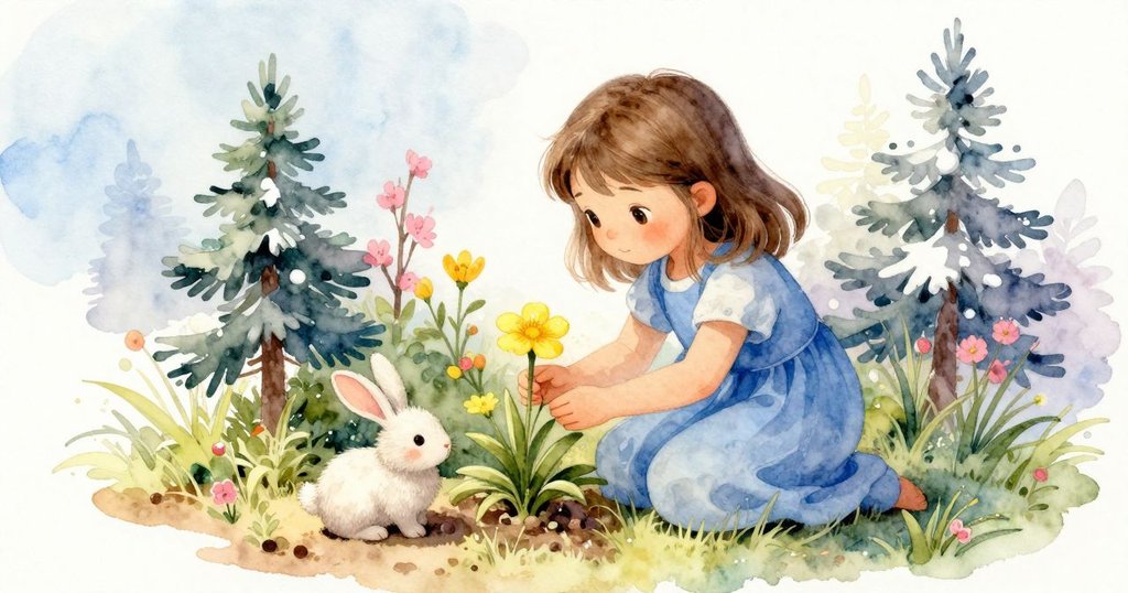 哈蒂溫柔地從旁邊花叢中挑選一朵亮黃的花，準備與小玩具兔子一起點綴泥土小島，流露出決心與喜悅