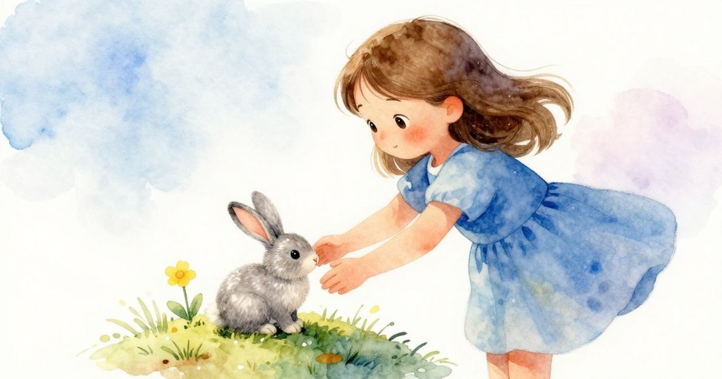 哈蒂滿懷喜悅地將小玩具兔子輕放在以泥土堆成的小島上，旁邊點綴著一朵亮黃花，畫面展現完成創作的溫馨情景