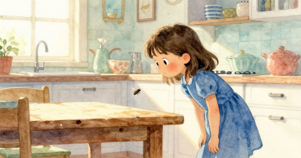 Prue在溫暖廚房中彎腰看桌上碎屑,注意到小飛蟲起飛,環境柔和安靜,故事開始展開。