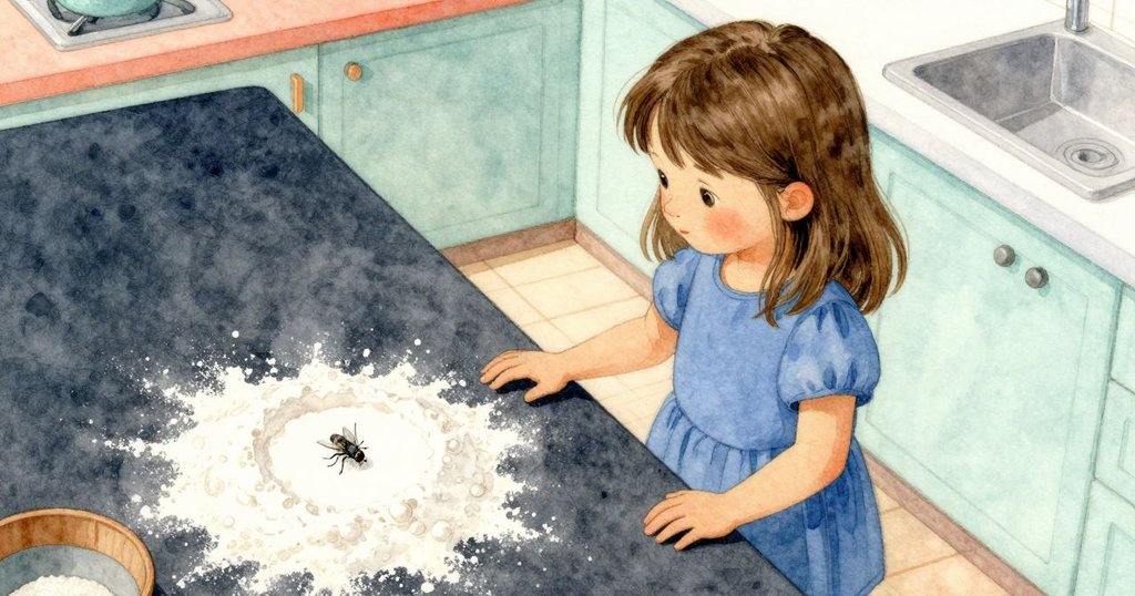 在廚房中,飛蟲落在麵粉上,白塵環繞其腿,Prue和成人從上方觀察,背景有盤子和水槽,故事達到轉折。