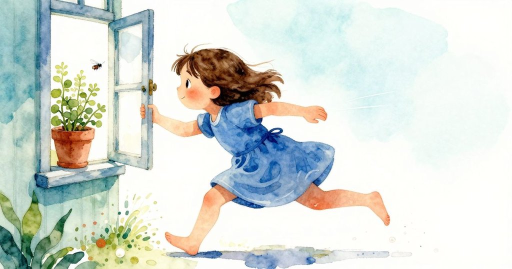 飛蟲在明亮空氣中急速飛行,掠過草本盆子上空,Prue緊握著優格罐,充滿緊張且活力四射的追逐情景。