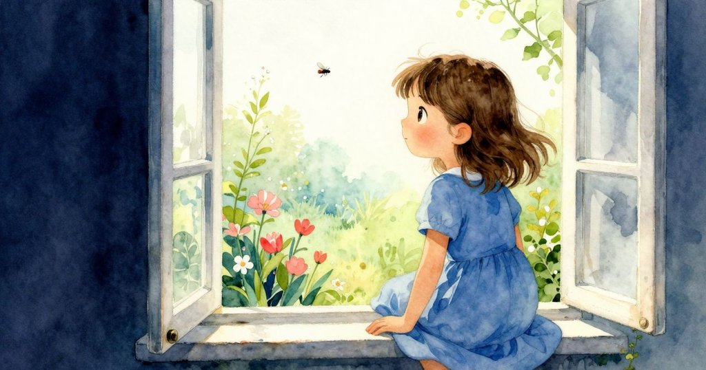 Prue靜靜站在窗台前注視著小飛蟲消失於明亮花園中,內心微帶離愁,故事以溫暖惜別告終。