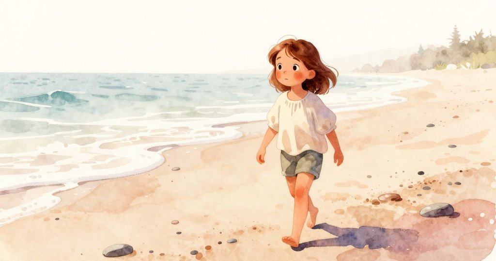 奧黛特在沙灘上散步，海浪拍打濕潤的卵石，小動物群聚其間，光線溫暖，充滿探索情懷。