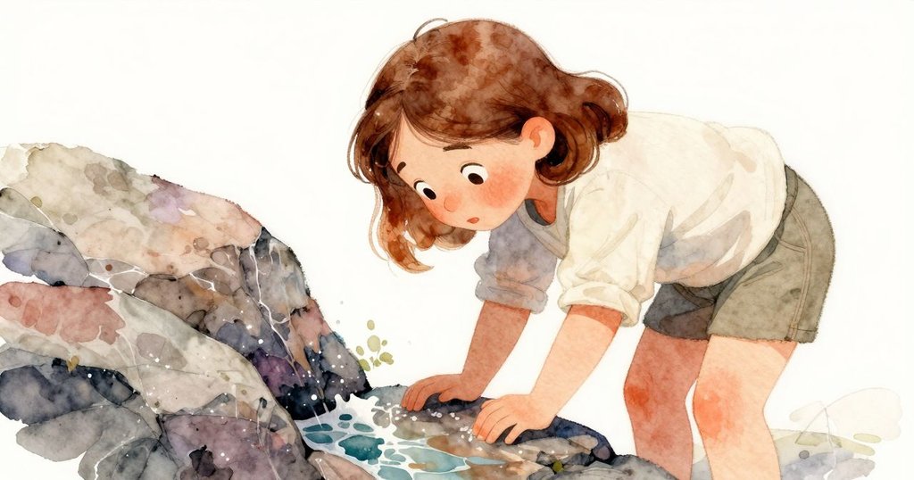 奧黛特彎腰觀察岩縫中濕潤卵石與閃爍泡沫，神情充滿好奇，細膩質感展現在近景中。