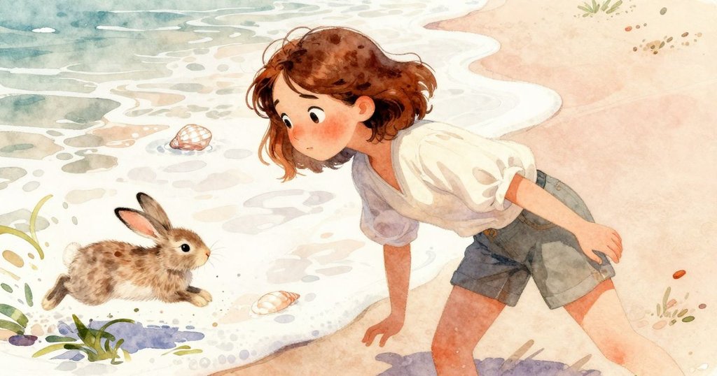 奧黛特注視海浪退去，兔子躍過搖曳海草，沙面上留下瞬間腳印，視角傾斜展現生動動作。