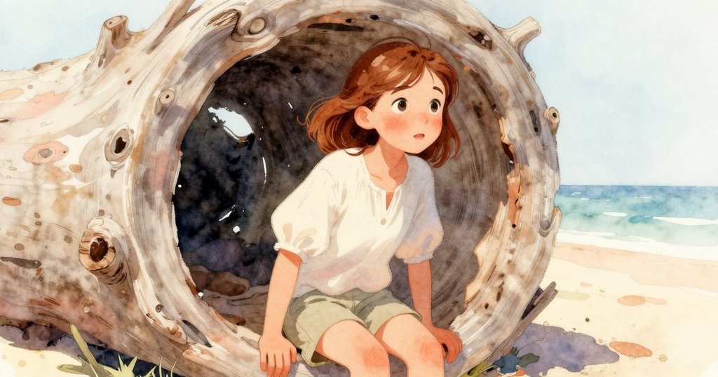 奧黛特在海邊發現中空漂流木，小心探視內部隱藏的光線與質感，氛圍神秘而誘人。