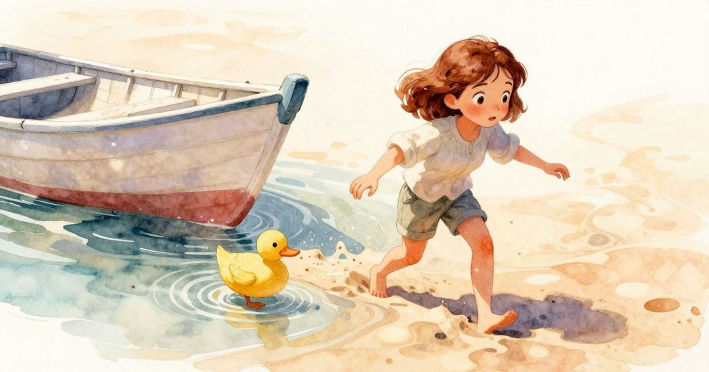 奧黛特在不穩沙灘上側步前進，躲過傾斜小船，水面微濤拍岸，神情專注顯現挑戰精神。