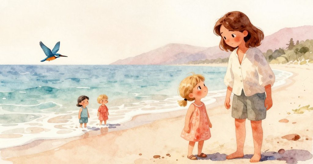 奧黛特與薇薇安在寧靜海灘上共享微笑，翠鳥展藍翼掠過天際，螃蟹近旁點擊，景致溫馨悠然。