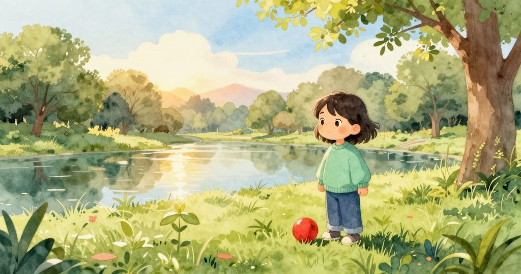 Grey坐在長椅上,紅球靠近樹籬,池塘映照陽光,公園寧靜美好