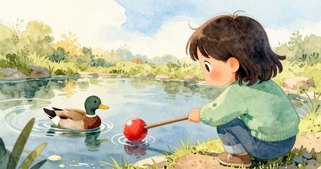 從Grey背後看去,池塘上鴨子輕游,細小木枝推動紅球,展現大自然的互動