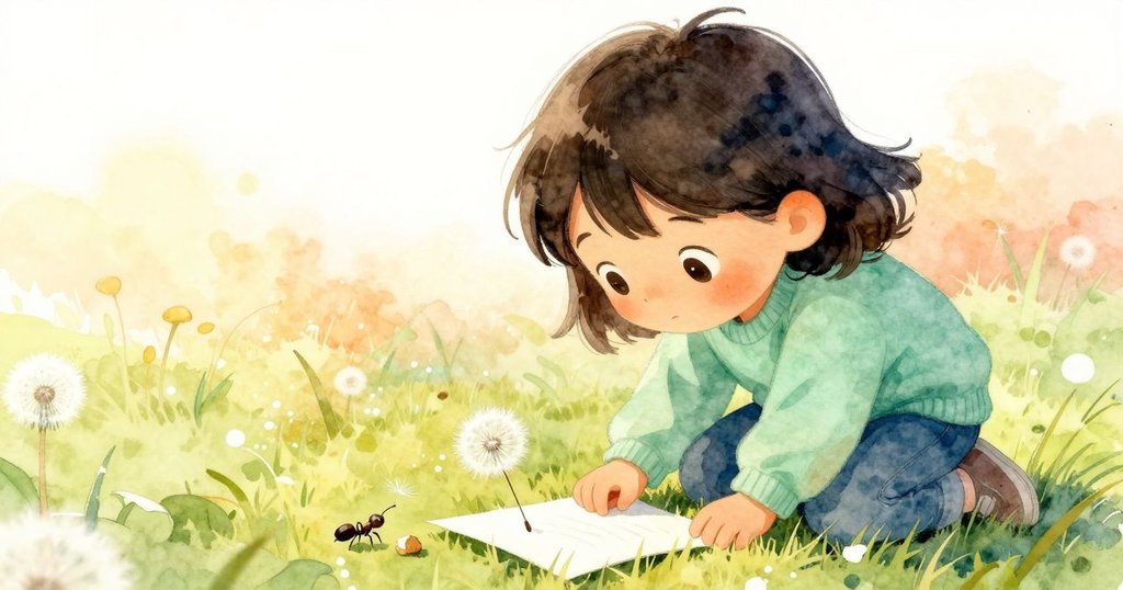 Grey專注觀察,白色蒲公英種子落於紙上,兩隻螞蟻探訪碎屑,展示自然細節發現