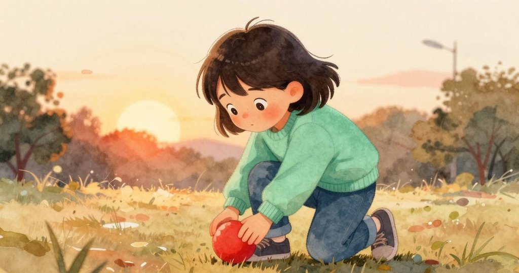 Grey微笑著蹲下撿拾紅球,風吹落物靠近鞋邊,呈現溫馨結局與自然和諧