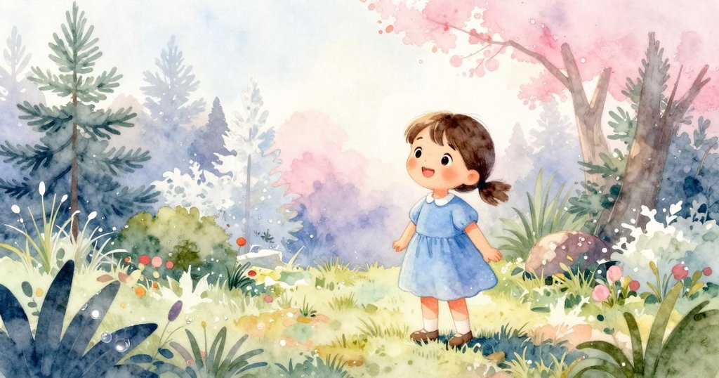 Tess站在晨光花園中,濕潤青草與閃爍水滴環繞,臉上充滿期待與欣喜,展開全新一天的冒險。