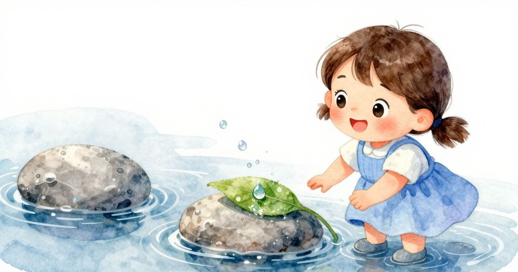 Tess觀察花園中細膩的水滴落在翠綠樹葉上,石面光滑映出晨光,呈現自然素材的迷人細節。