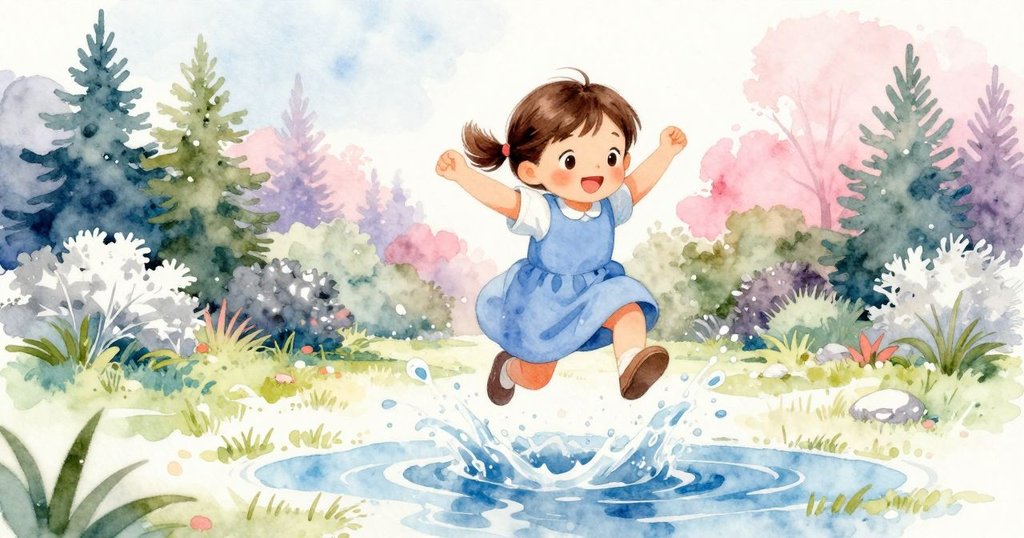 Tess在花園中躍過積水,水花四濺展現動感和活力,瞬間捕捉她冒險前進追尋帽子的決心。