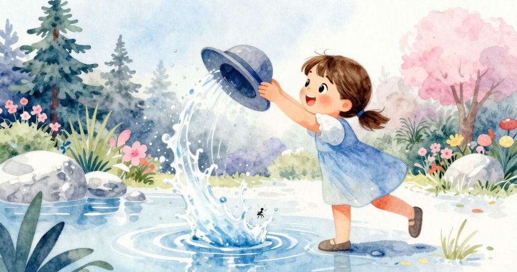 Tess迅速伸手抓住濺水中的帽子,水花四濺中有隻小螞蟻漫步其上,緊張與決心交織的瞬間被捕捉。