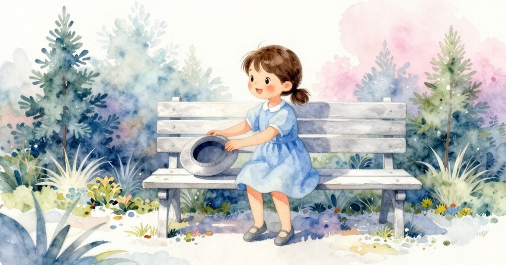 Tess微笑將帽子輕放於花園木椅上,周圍環境安靜平和,晨光柔和映出整個冒險結束的溫馨氛圍。