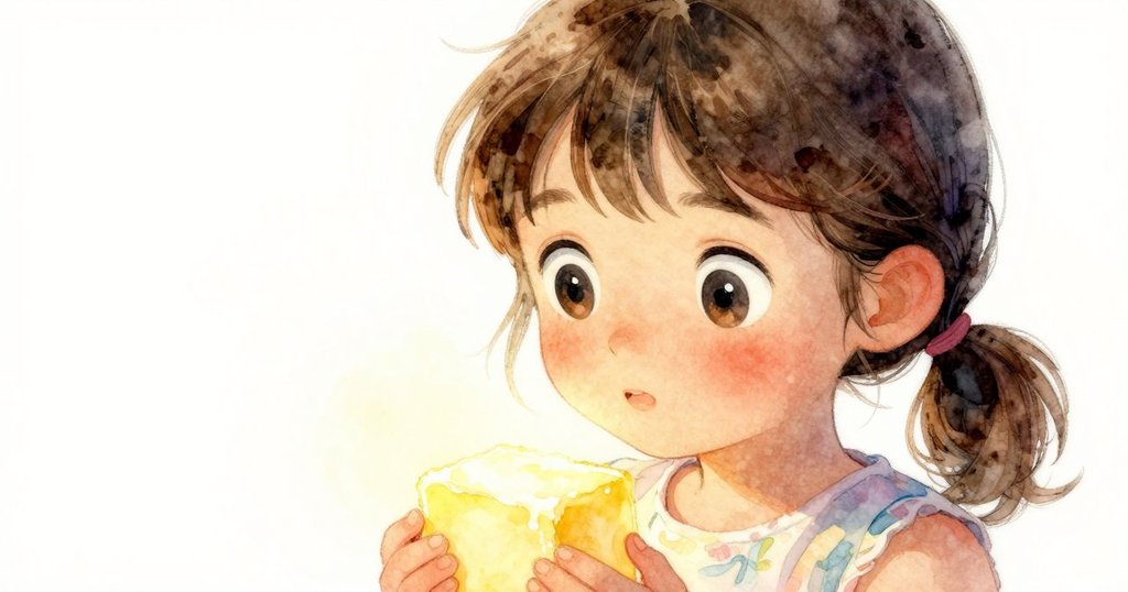 哈里艾特正近距離注視奶油邊緣形成的光環，她的眼神流露驚奇，溫暖廚房背景增添柔和光影。