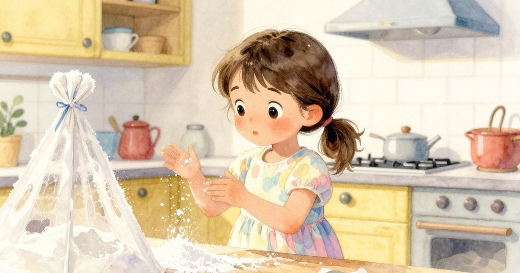 廚房隱秘角落中，麵粉排列成小帳篷，糖粒隨微風飄揚，木刷靜臥旁邊，帶出一絲神秘溫馨感。