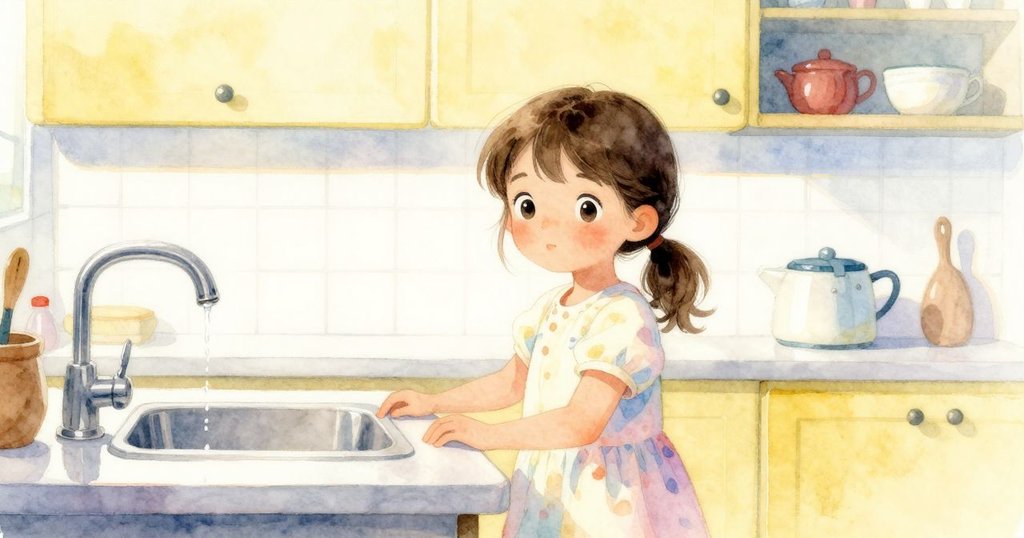 哈里艾特站於寧靜廚房中凝視前方，水龍頭輕敲聲伴隨她深思的神情，柔和光線灑出一片安詳變化景象。