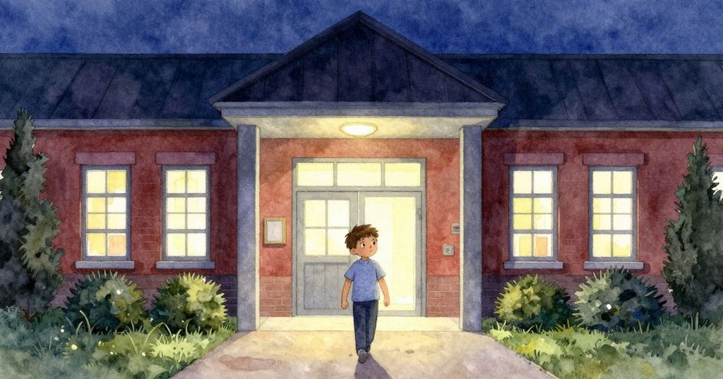 克萊德在冷冽夜空下走向溫暖光窗校舍門口,興奮好奇地迎向新一天開始。