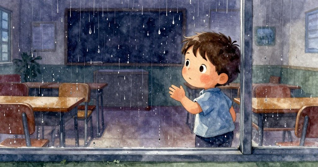 克萊德透過雨滴點綴的窗戶望向外面,心中充滿沉思與柔和雨意的詩情畫意。