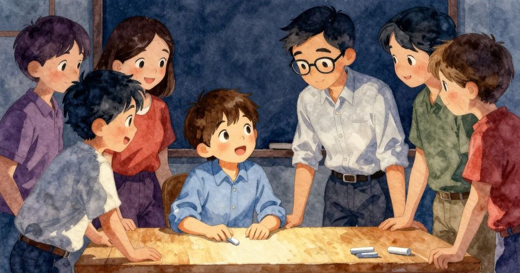 在充滿歡樂的教室中,克萊德、老師和同學們圍聚書桌,因粉筆捲動揭露痕跡而洋溢著快樂笑容。