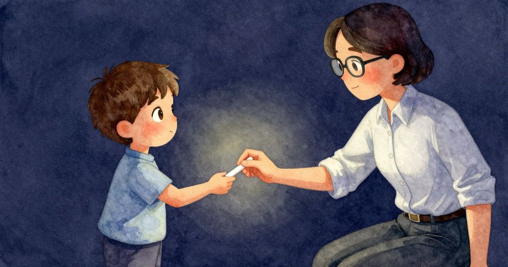 老師輕輕將滾動的粉筆遞給克萊德,兩人面帶溫馨笑容在精緻教室中共享發現與尊重。