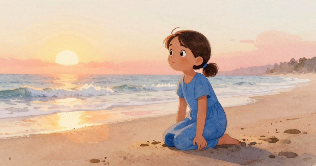 雅斯敏於晨曦海灘上跪坐,眼神充滿好奇,一隻活躍麻雀在旁跳躍,柔和光線灑落沙面