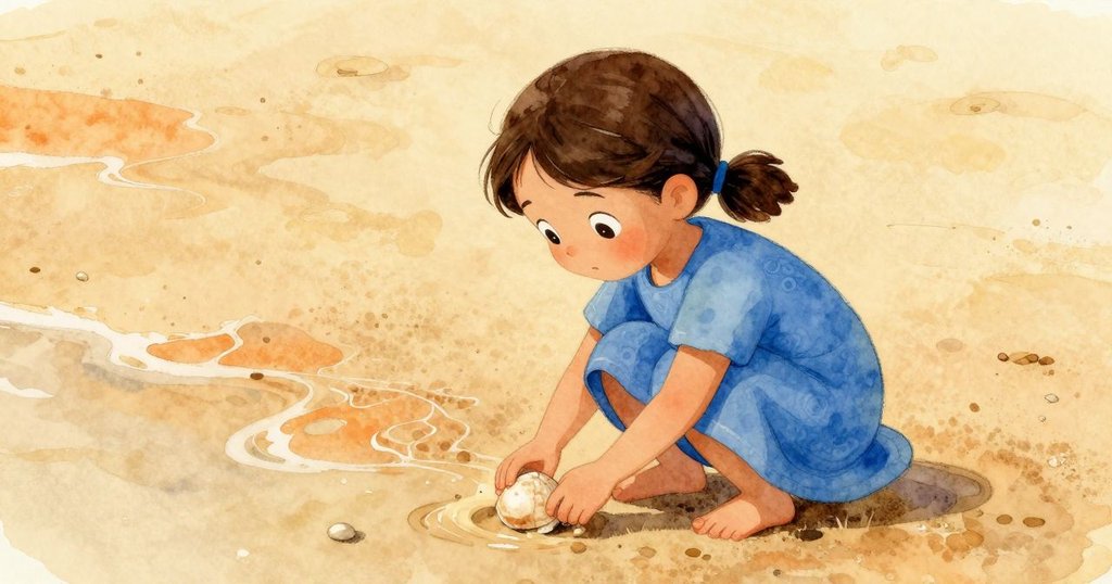 雅斯敏彎身拾起光亮沙貝,濕潤沙面留下清晰腳印,展現專注與溫柔探索