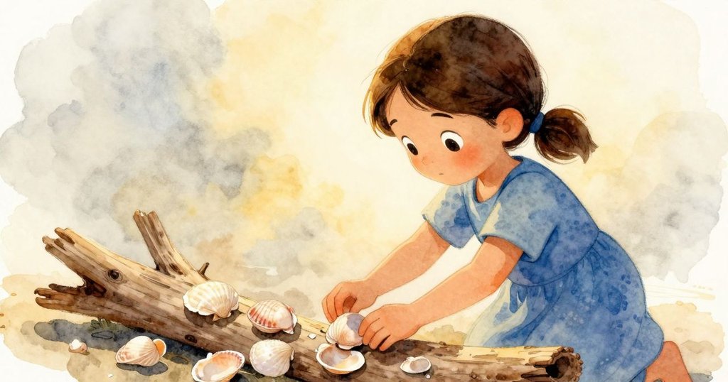 雅斯敏背影下細心排列圓形與長形沙貝於浮木上,展現海邊自然質感與精緻手勢