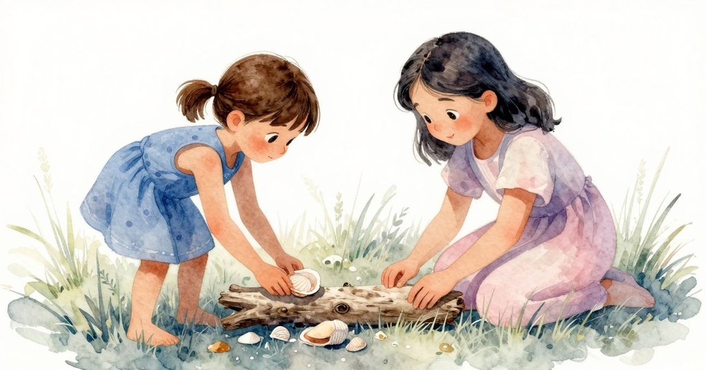 雅斯敏在草地上移動浮木與沙貝排列,母親坐於毛巾上溫柔注視,風景展現室外自然氛圍