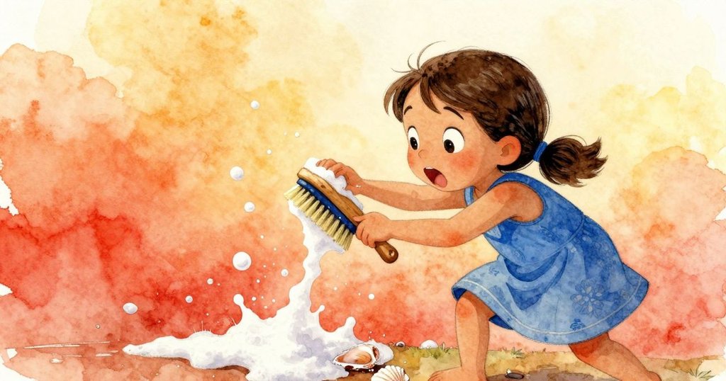 海浪泡沫輕撫沙貝陣列,雅斯敏驚訝迅速撿拾混亂物件,展現急切與緊張的動作