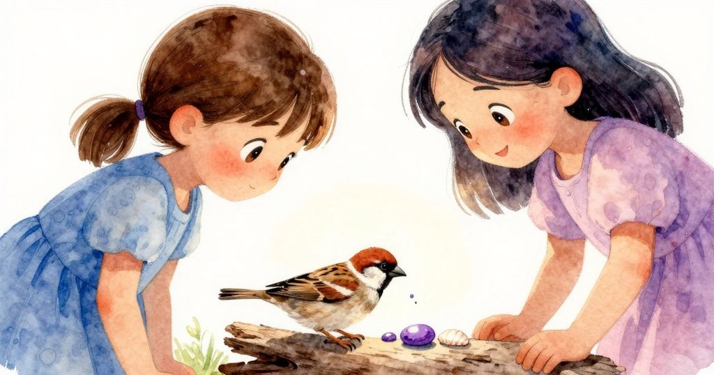 麻雀降落於浮木上投下紫色卵石,雅斯敏滿臉喜悅,母親溫柔注視,傳達溫暖與感恩情緒