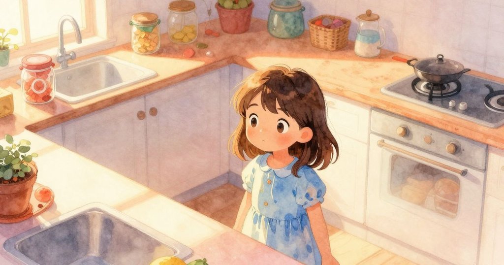 納丁站在明亮廚房的水槽旁,從上方俯瞰見到田豌豆罐和環繞的白圈,場景溫馨明亮。