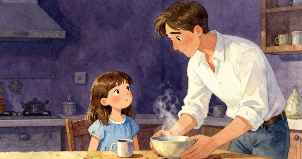 從納丁背後視角看到廚房櫃檯,冒蒸氣的杯子和伸手拿碗的成人,充滿溫柔好奇。