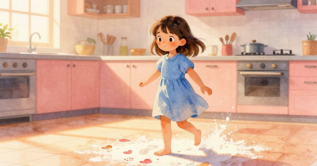 納丁小心邁步前進,細數麵粉上三處微白痕跡,觀察貓足印與糖心,動感溫暖。