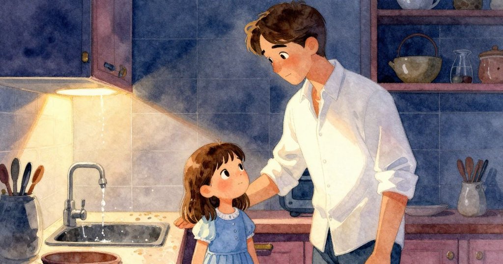 在夕陽金光照射下,廚房水龍頭滴水,架上湯匙微動,營造靜謐魔幻結局,溫暖柔和。