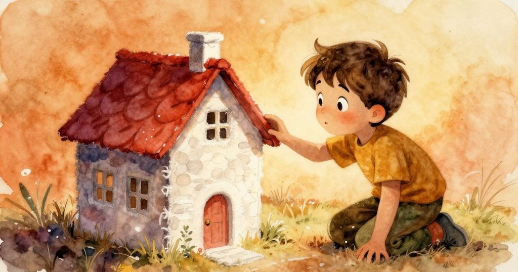 Cole仔細觀察一棟粉筆畫房屋，紅色屋頂在陽光下逐漸褪色，輕微塵埃舞動，展現驚奇與好奇。