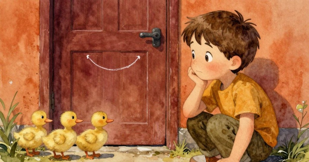 Cole驚奇地觀察粉筆房門上彎曲的笑容，池塘邊小鴨嬉戲，水面微光倒映，他傾聽輕微刮擦聲。