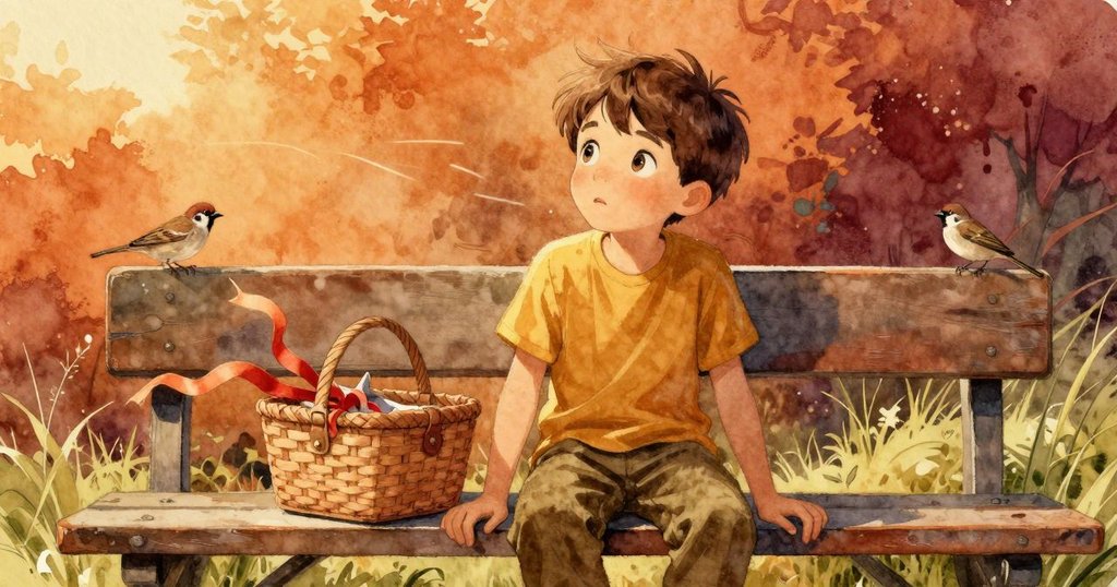 Cole站在野餐籃旁，明亮絲帶隨風飄舞，板凳欄杆上麻雀停留，呈現時光流逝之美。