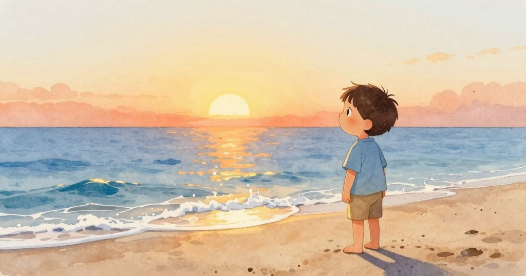 角色站在溫暖沙灘上，側身傾聽海浪輕拍耳邊，背景為晨光初照的廣闊海洋，心境平和