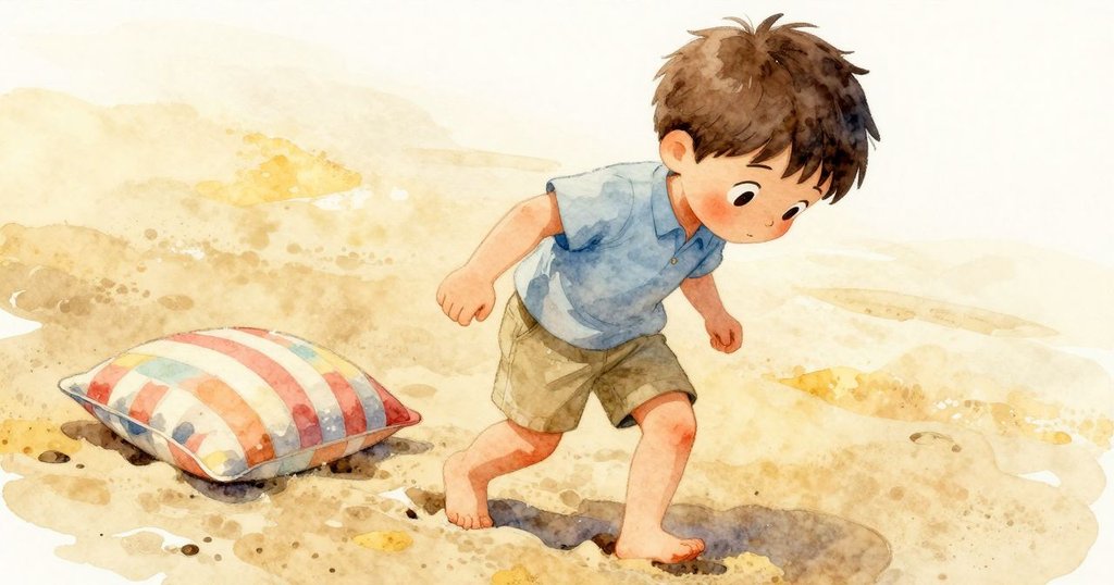 孩子走過濕潤沙灘，腳印清晰，旁邊擺放著條紋枕頭因陽光而失去鮮豔色彩，畫面充滿行走動感