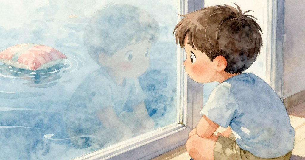 孩子靠近清澈池水，專注凝視水面映出失去鮮豔色彩的枕頭殘片，畫面溫柔細膩，情感真摯