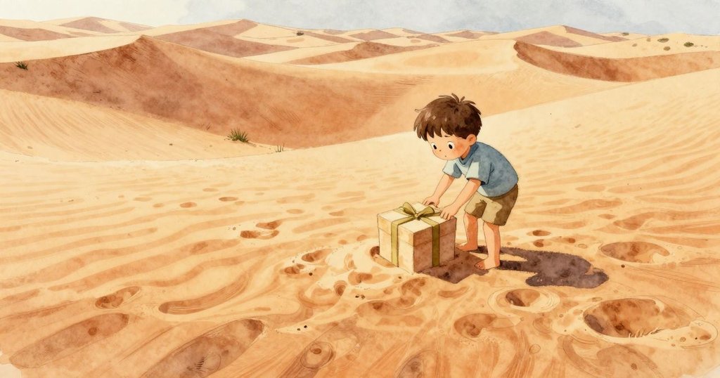 從高處俯瞰廣闊海灘，孩子站在沙丘上，目光注視著被風吹沙部分覆蓋的方形禮盒，背景光線明亮