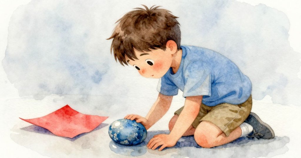 孩子蹲下仔細觀察藍色漸變為灰的心情石，旁邊有隱約可見的紅紙細節，畫面充滿探索與柔和光影