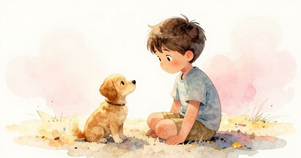 孩子與友善小狗坐在淺色沙灘上，散落線頭與物件象徵著色彩重歸，夕陽柔光下溫暖與重聚情景展現