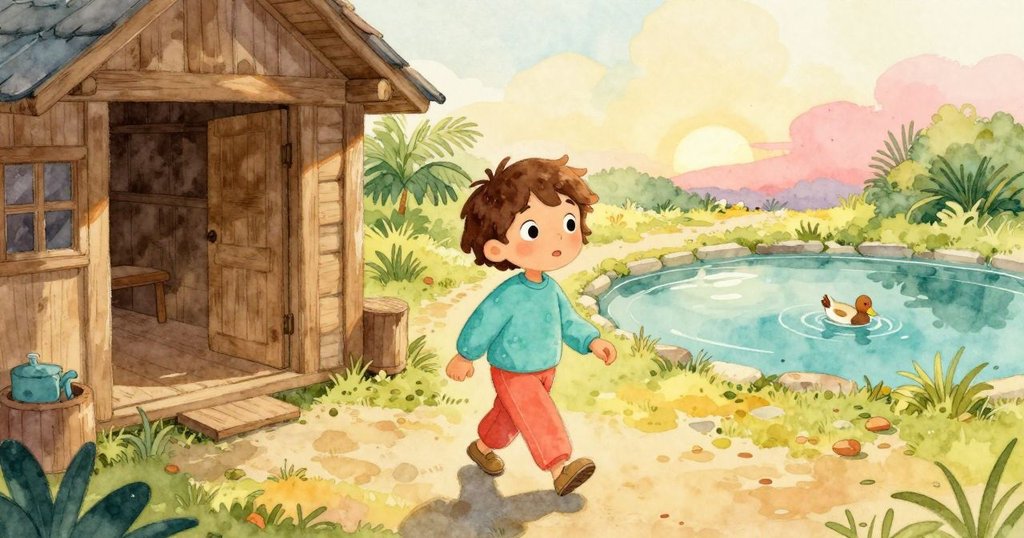 主角在木屋院子中探索，從上方視角看見寧靜池塘、木屋與遊走小鴨，心情愉快